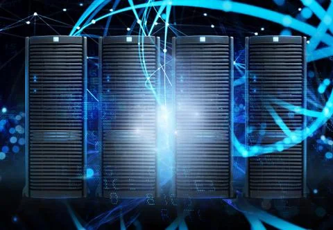 Concept of a data center room with database server and network effects. Stock Photos