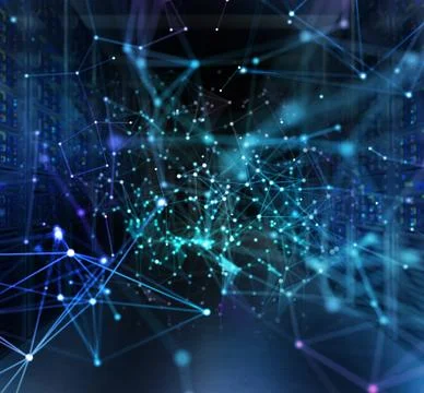 Concept of a data center room with servers and network effects. Stock Photos