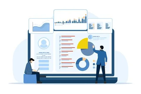 Concept of data charts, graphs and dashboards on laptop screen. 스톡 일러스트