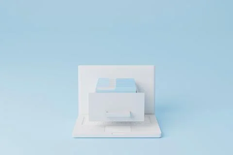 Concept of Data digital storage on cloud. Computer laptop with file folder. 3 Stock Photos