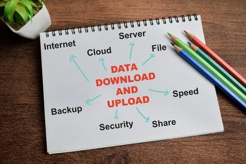 Concept of Data download and Upload write on book with keywords Stock Photos