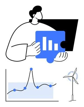 Concept of Data Integration and Sustainable Energy with Puzzle and Wind Turbi Stock Illustration