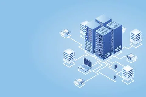 Concept of data network management .Vector isometric map with business networ Stock Illustration