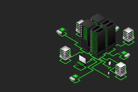 Concept of data network management .Vector isometric map with business networ Stock Illustration