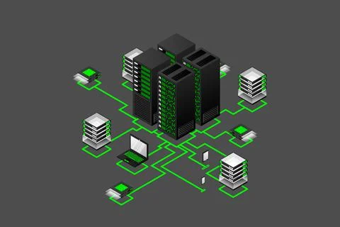 Concept of data network management .Vector isometric map with business networ 스톡 일러스트