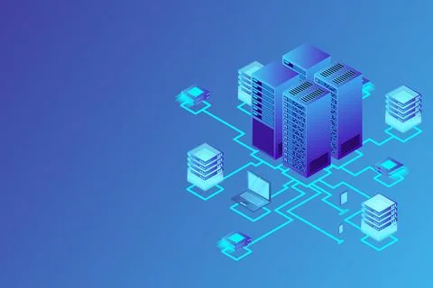 Concept of data network management .Vector isometric map with business networ Illustrazione stock