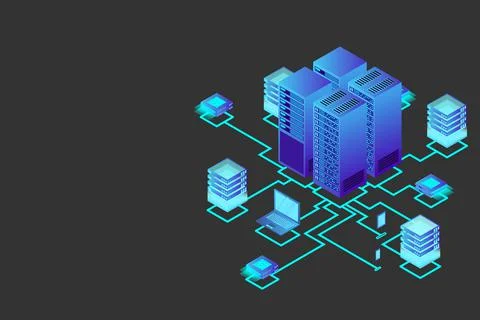 Concept of data network management .Vector isometric map with business networ Stock Illustration