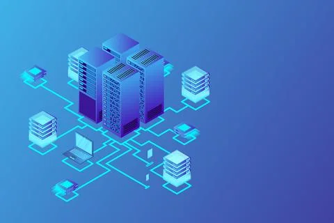 Concept of data network management .Vector isometric map with business networ Illustrazione stock