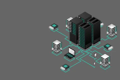 Concept of data network management .Vector isometric map with business networ Stock Illustration