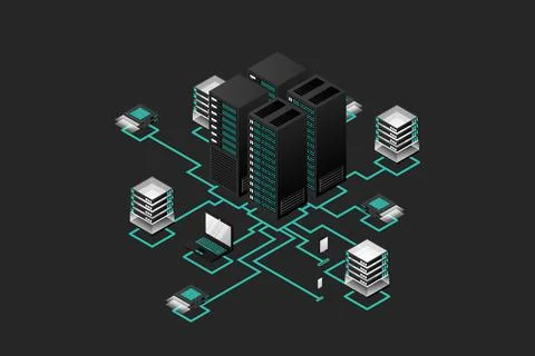 Concept of data network management .Vector isometric map with business networ Stock-Illustration
