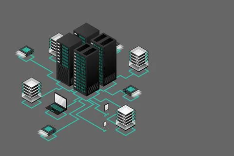 Concept of data network management .Vector isometric map with business networ Stock Illustration
