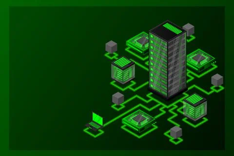 Concept of data network management .Vector isometric map with business networ Stock Illustration