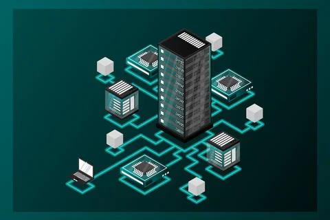 Concept of data network management .Vector isometric map with business networ Stock Illustration