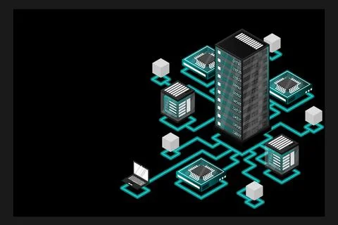 Concept of data network management .Vector isometric map with business networ Illustrazione stock