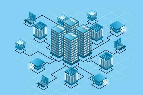 Concept of data network management . Vector isometric map with business netwo Stock Illustration