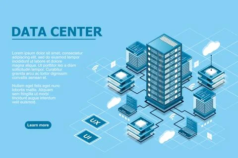 Concept of data network management . Vector isometric map with business netwo Stock Illustration