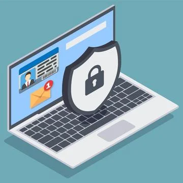 Concept data protection on laptop. Shield with lock on computer. Vector ill.. Stock Illustration