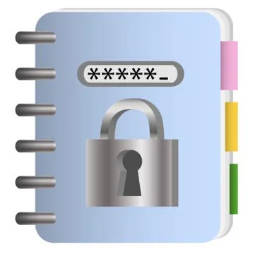 The concept of data protection. Notepad with metal chain and lock, password Stock-Illustration