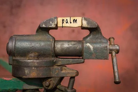 Concept of dealing with problem. Vice grip tool squeezing a plank with the wo Illustrazione stock