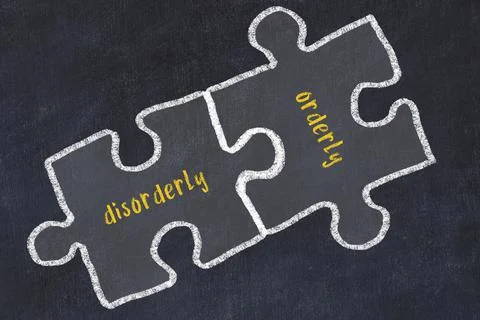 Concept of dealing with troubles. Chalk sketch of connecting puzzles with wor Stock Illustration