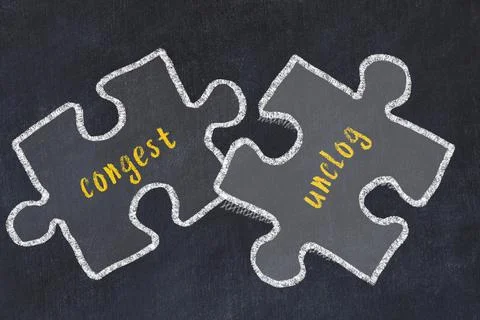 Concept of dealing with troubles. Chalk sketch of connecting puzzles with wor Illustrazione stock