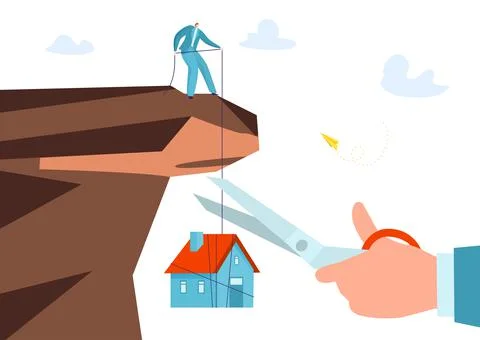 Concept debtor standing edge cliff hold personal house, debt mortgage loan flat Stock Illustration