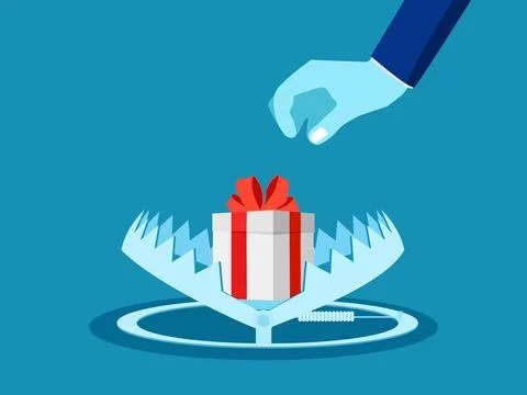 Concept of deception or cheating. Businessman tries to catch a trapped gift b Stock Illustration