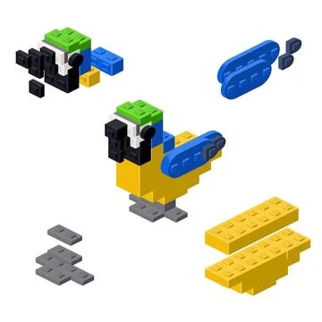 Concept with deconstruction parrot from plastic blocks. Vector Stock Illustration