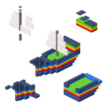 Concept with deconstruction ship from plastic blocks. Vector Stock Illustration