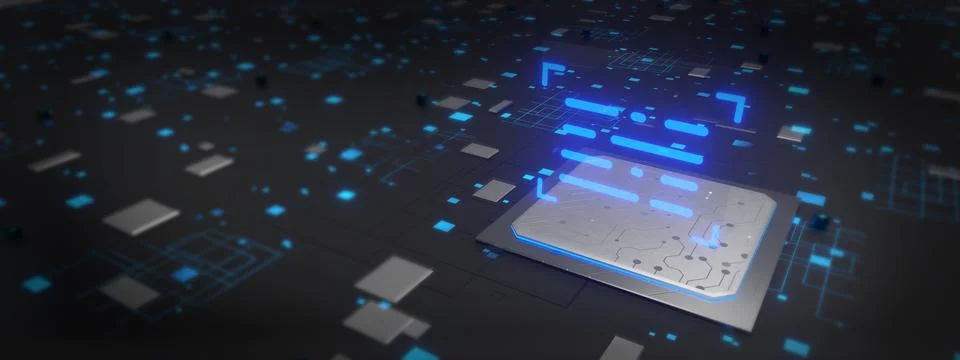 Concept of for deep machine learning, crypto currency, hi tech product uses.  Stock Illustration