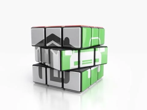 Concept of a deliberate solution House and car painted on a cube of rubik 3d  Illustrazione stock