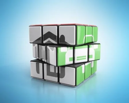 Concept of a deliberate solution House and car painted on a cube of rubik 3d  Stock Illustration