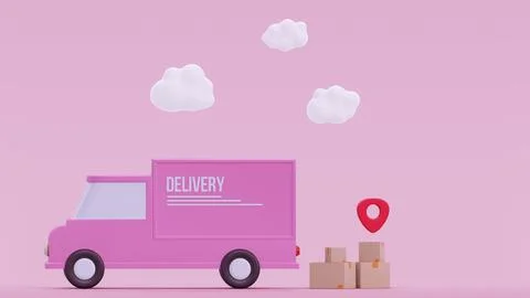Concept delivery car paper boxes. Shipment delivery by truck and Pin pointer Illustrazione stock