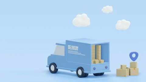 Concept delivery car paper boxes. Shipment delivery by truck and Pin pointer 库存插图