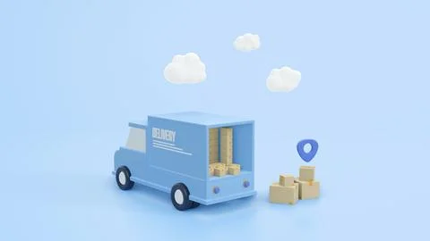 Concept delivery car paper boxes. Shipment delivery by truck and Pin pointer 스톡 일러스트