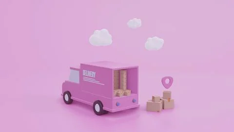Concept delivery car paper boxes. Shipment delivery by truck and Pin pointer 库存插图