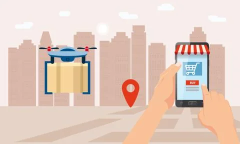 The concept of delivery of the drone flies with the mail, the delivery of Illustrazione stock