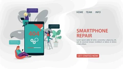 Concept design of 404 error page smartphone Screen with error Small people me 스톡 일러스트