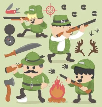 Concept design Hunter holding a shotgun set and Icon collection, cleaver, a.. Stock Illustration