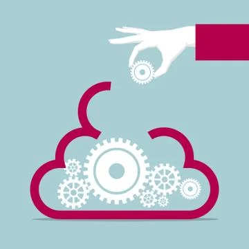 Concept design, one hand holding gear, put in cloud symbol. Illustrazione stock