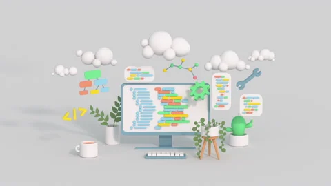 Concept of desktop programming or software developing 3D render animation Stock Footage 218340198