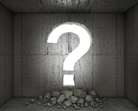 Concept of destroyed concrete wall in shape of question mark, 3d illustration Stock Illustration