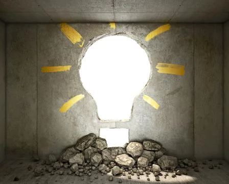 Concept of destroyed concrete wall in shape of light bulb, 3d illustration Stock Illustration