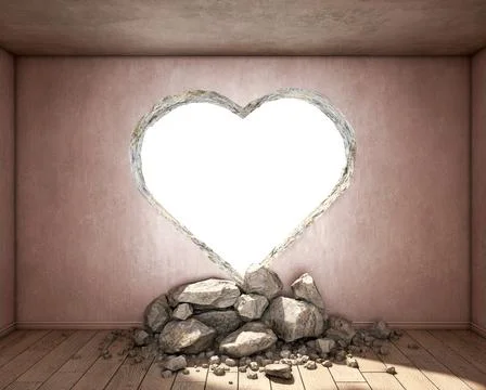 Concept of destroyed wall in shape of heart symbol, 3d illustration Illustrazione stock