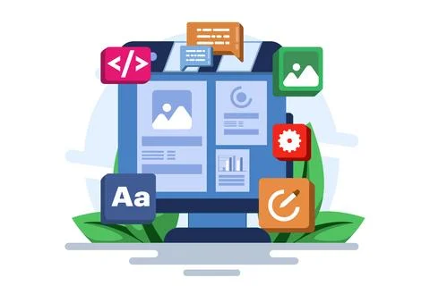 Concept of developer building a website Front-end user interface, UI UX. Stock Illustration