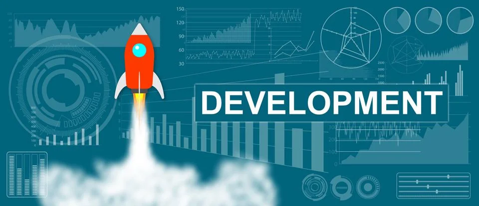 Concept of development with a rocket launch on charts background Illustrazione stock