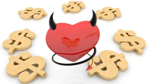 Concept of devil heart with horns and tail with golden dollar signs 스톡 일러스트