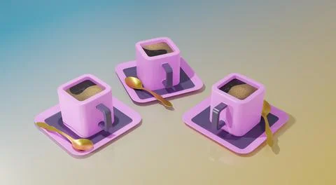 Concept of a dialogue over a cup of coffee. three pink with a purple handle c Ilustração Stock