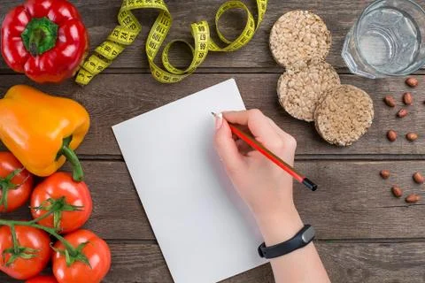 Concept diet, slimming plan with vegetables top view mock up Stock Photos