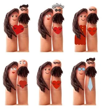 Concept of different couple relationships. Set of funny fingers with faces Stock Photos